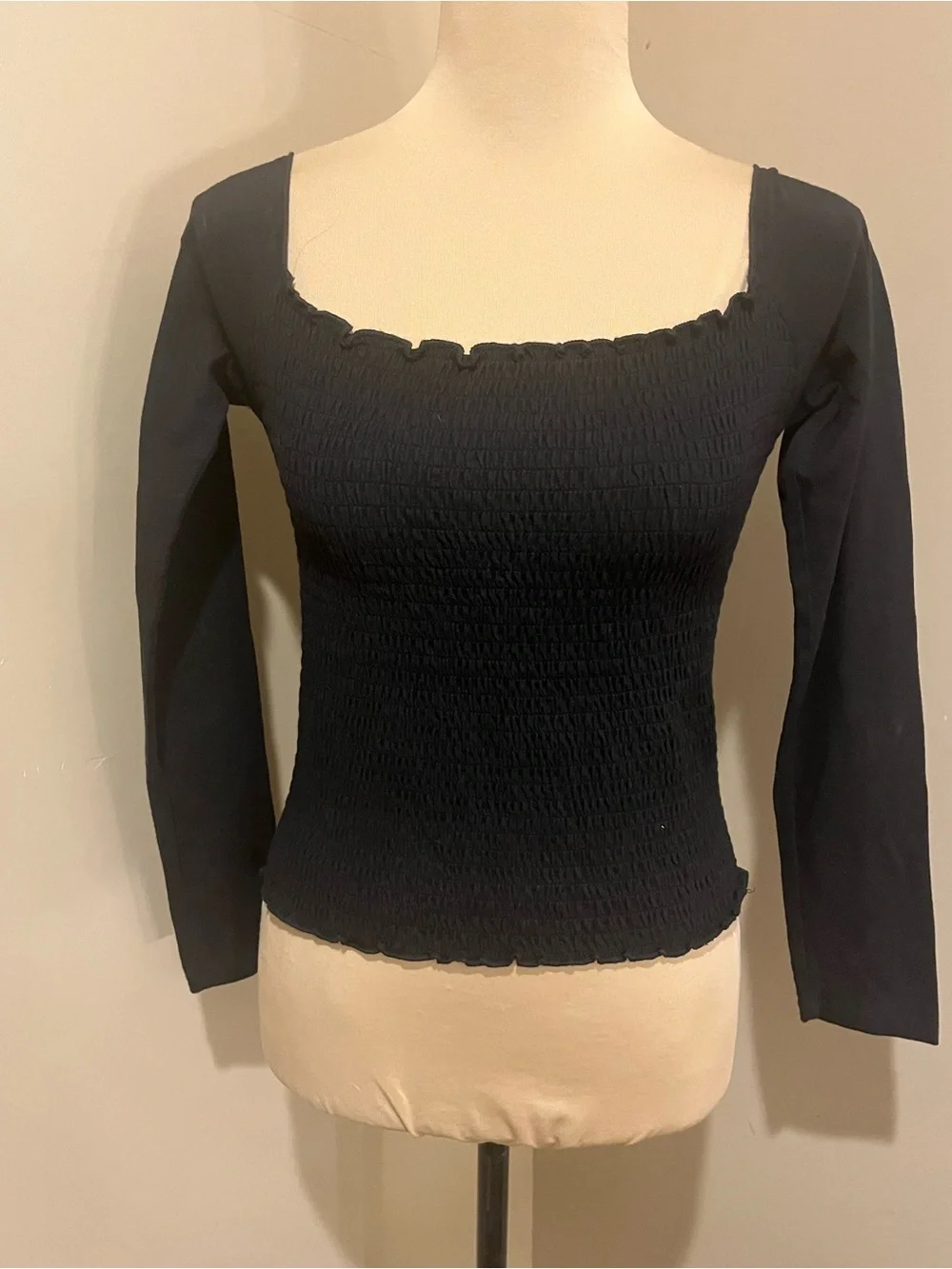Hollister Black Long-Sleeve Smocked Square Neck Crop Top, Large